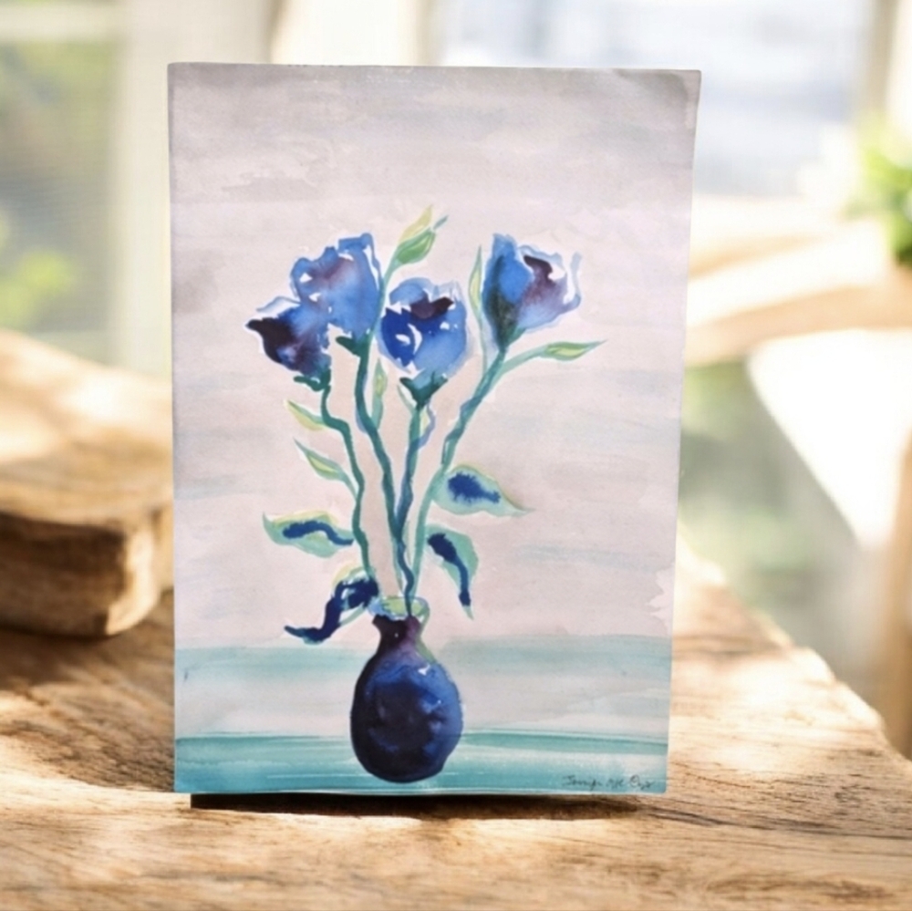 Original Signed Watercolor Painting Blue Roses - Picture 9 of 13